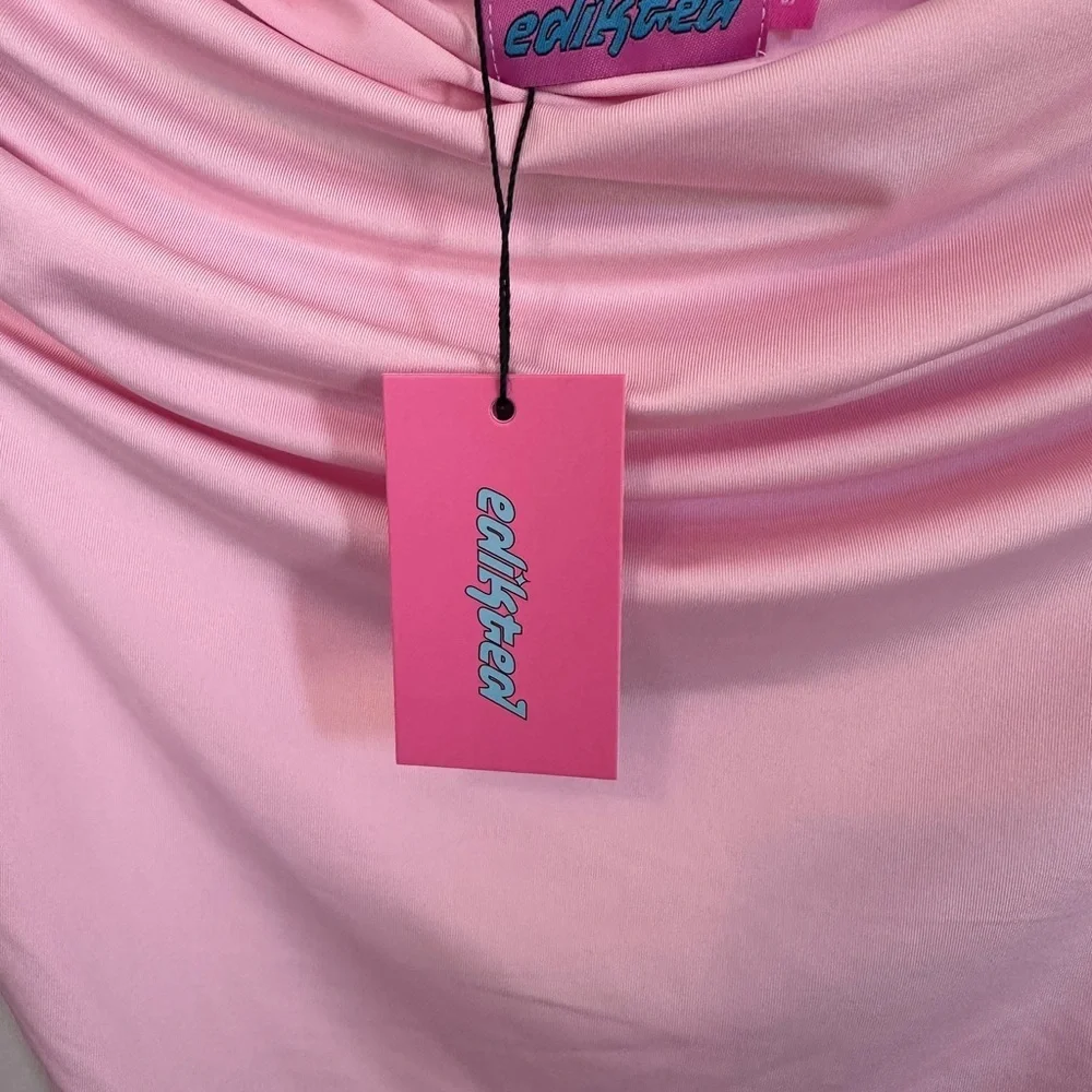 NWT Edikted Pink Off Shoulder Ruched Long Bell Sleeve Mini Dress - Picture 3 of 6